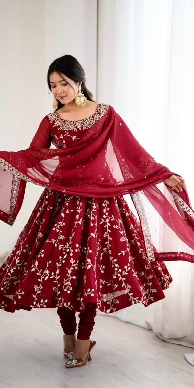 SRK 5299 Maroon Faux Georgette With Sequence Work Perfect for Wedding, Party, Temple Visit, Ganesh Chaturthi Festive, Events, 4-6 Working Days At 2149 | Gowns, Bollywood Gowns, Creative Gowns, Designer Gowns, Embroidered Gowns, Party Wear Gowns