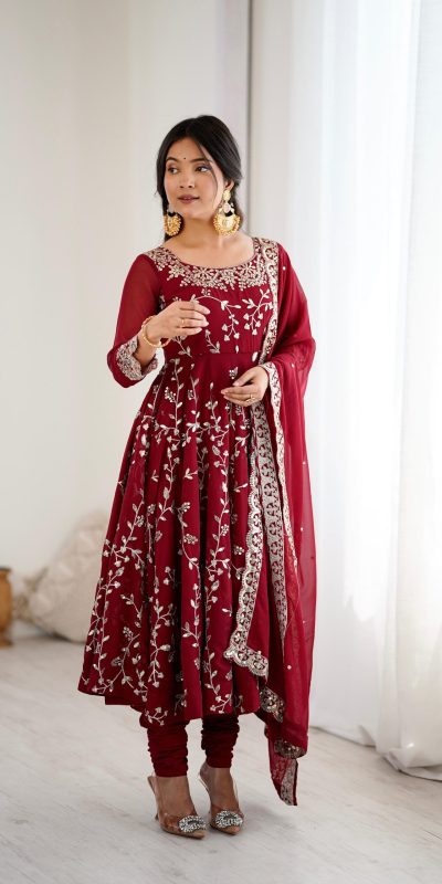 SRK 5299 Maroon Faux Georgette With Sequence Work Perfect for Wedding, Party, Temple Visit, Ganesh Chaturthi Festive, Events, 4-6 Working Days At 2149 | Gowns, Bollywood Gowns, Creative Gowns, Designer Gowns, Embroidered Gowns, Party Wear Gowns