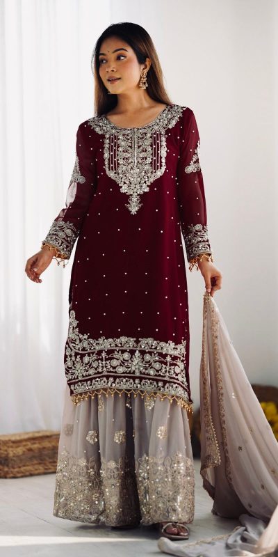 SR 1676 Maroon Heavy Faux Georgette With Heavy Embroidery Perfect for Wedding, Party, Ethnic Day, Reception, Diwali 4-6 Working Days At 2049/- Only | Jump Suits, Salwar suit, Casual Suits, Creative suits, Designer Suits, Palazzo Suits, Party Wear Suits, Patiala Suits, Straight Suits