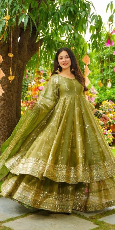 SSR 526 Mehandi Crunchy Silk With Heavy Embroidery Sequence Work With Fully Flair Salwar Suit Wedding, Party, Festive, Events, Now at just ₹2399. Delivery 4 | Jump Suits, Tops & Bottoms, Track Suits, Salwar suit, Casual Suits, Creative suits, Designer Suits, Palazzo Suits, Party Wear Suits, Patiala Suits, Straight Suits, Trendy Wear