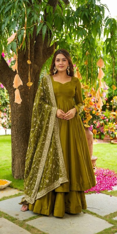 ZSR 3140 Mehandi German Chiffon With Embroidery Sequence Work With Fully Flair Gown. Wedding, Party, Festive, Events Exclusive Offer βΉ2049. Deli | Gowns, Bollywood Gowns, Creative Gowns, Designer Gowns, Embroidered Gowns, Party Wear Gowns