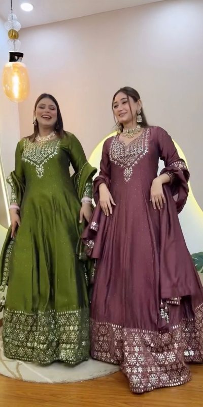 NSR 872 Mehandi Roman Simmer Silk With Fency Neck And Fecny Sleeve Gown with Embroidery Work & Lace Work. Available at βΉ2449 only. Delivery 4-6 Wor | Gowns, Bollywood Gowns, Creative Gowns, Designer Gowns, Embroidered Gowns, Party Wear Gowns