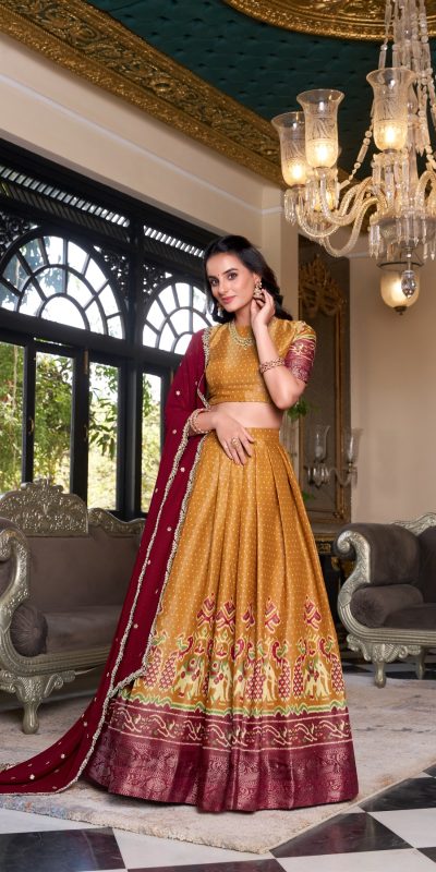 LNB 1240 Mustard Kanchipuram With Embroidery Work & Zari Work Lehenga Choli ₹2499 on Availablely. Delivery 4-6 Working Days. Shop now. | Lehenga, Bollywood Lehenga, Creative Lehenga, Designer Lehenga, Embroidered Lehenga, Party Wear Lehenga