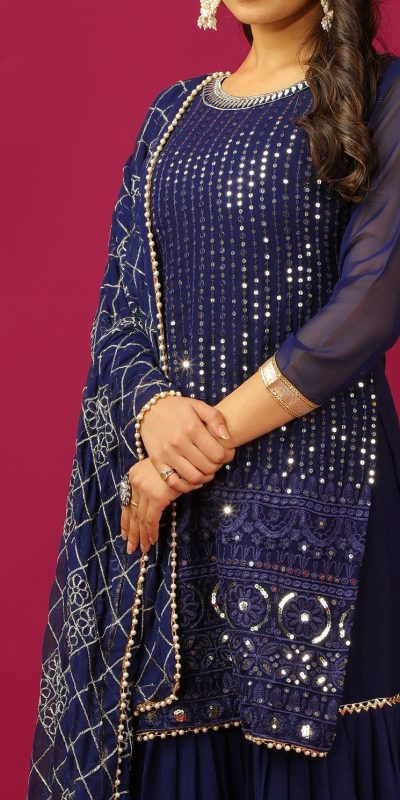 SR 1671 Navy Blue Georgette Salwar Suit Perfect for Wedding, Party, Cultural Events, Temple Visit, Lohri Now at just ₹1799. Delivery 4-6 Working Days. | Jump Suits, Tops & Bottoms, Track Suits, Salwar suit, Casual Suits, Creative suits, Designer Suits, Palazzo Suits, Party Wear Suits, Patiala Suits, Straight Suits, Trendy Wear