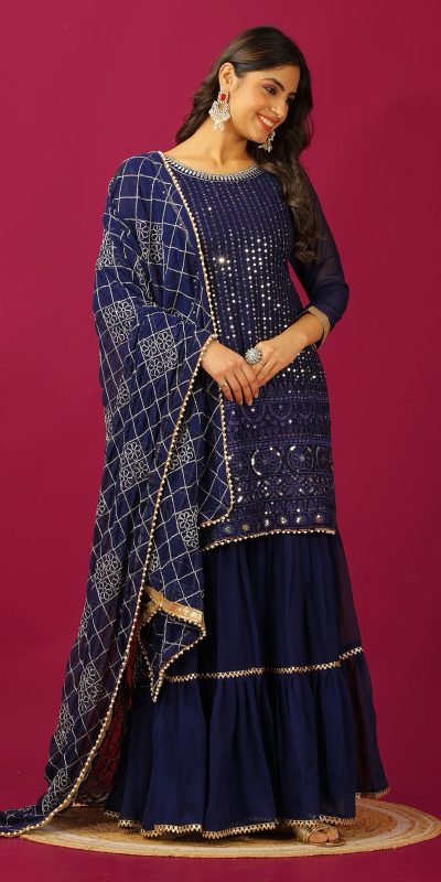 SR 1671 Navy Blue Georgette Salwar Suit Perfect for Wedding, Party, Cultural Events, Temple Visit, Lohri Now at just ₹1799. Delivery 4-6 Working Days. | Jump Suits, Tops & Bottoms, Track Suits, Salwar suit, Casual Suits, Creative suits, Designer Suits, Palazzo Suits, Party Wear Suits, Patiala Suits, Straight Suits, Trendy Wear