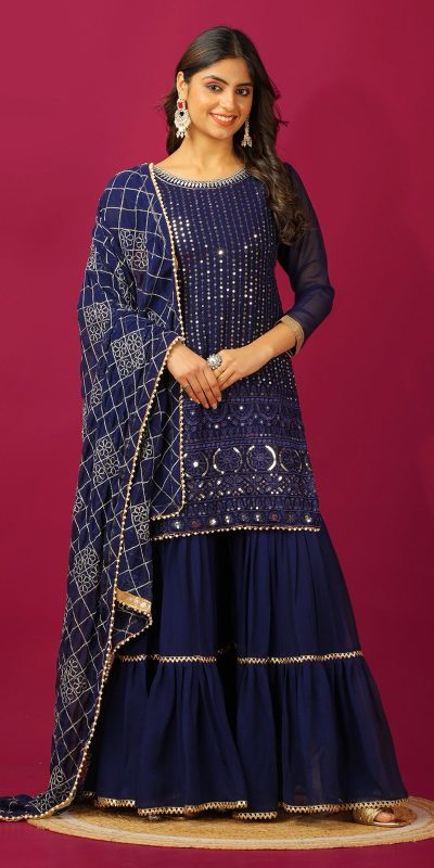 SR 1671 Navy Blue Georgette Salwar Suit Perfect for Wedding, Party, Cultural Events, Temple Visit, Lohri Now at just ₹1799. Delivery 4-6 Working Days. | Jump Suits, Tops & Bottoms, Track Suits, Salwar suit, Casual Suits, Creative suits, Designer Suits, Palazzo Suits, Party Wear Suits, Patiala Suits, Straight Suits, Trendy Wear
