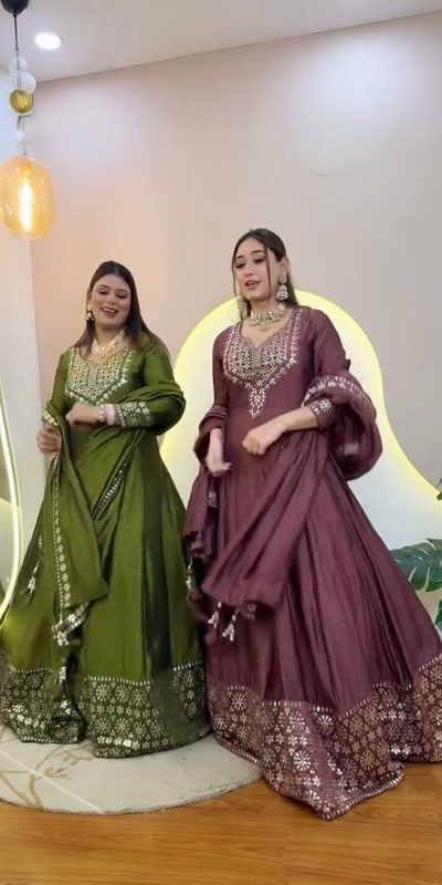 NSR 872 Onion Roman Simmer Silk With Fency Neck And Fecny Sleeve Gown with Embroidery Work & Lace Work. Available at βΉ2449 only. Delivery 4-6 Wor | Gowns, Bollywood Gowns, Creative Gowns, Designer Gowns, Embroidered Gowns, Party Wear Gowns