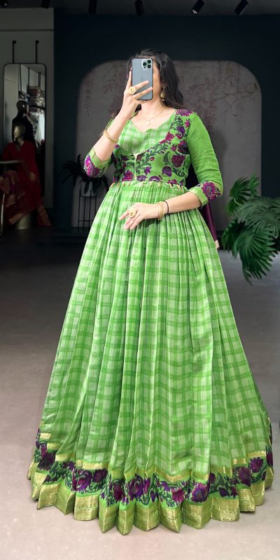YNF 5034 Parrot Green Polyester Viscose Chanderi Zari Work & Lace Work Gown in . Affordable Price ₹1799. Delivery 4-6 Working Days. Shop now. | Gowns, Bollywood Gowns, Creative Gowns, Designer Gowns, Embroidered Gowns, Party Wear Gowns