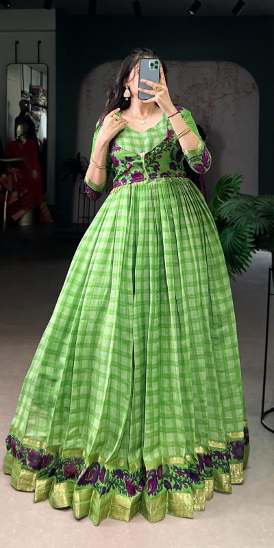 YNF 5034 Parrot Green Polyester Viscose Chanderi Zari Work & Lace Work Gown in . Affordable Price βΉ1799. Delivery 4-6 Working Days. Shop now. | Gowns, Bollywood Gowns, Creative Gowns, Designer Gowns, Embroidered Gowns, Party Wear Gowns