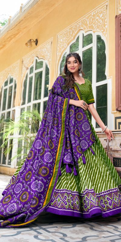 LNB 1224 Parrot Green Tasar Silk Lehenga Choli With Bandhej Print & Patola Print. Now at just ₹2449. Delivery 4-6 Working Days. Shop now. | Lehenga, Bollywood Lehenga, Creative Lehenga, Designer Lehenga, Embroidered Lehenga, Party Wear Lehenga