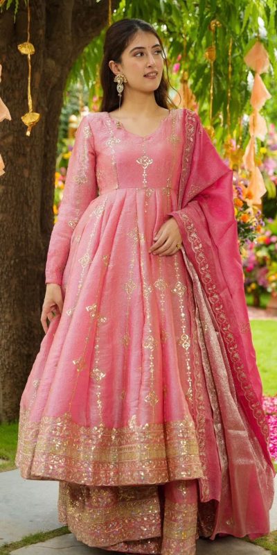 SSR 526 Peach Crunchy Silk With Heavy Embroidery Sequence Work With Fully Flair Salwar Suit Wedding, Party, Festive, Events, Now at just ₹2399. Delivery 4 | Jump Suits, Tops & Bottoms, Track Suits, Salwar suit, Casual Suits, Creative suits, Designer Suits, Palazzo Suits, Party Wear Suits, Patiala Suits, Straight Suits, Trendy Wear