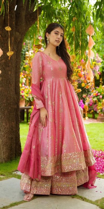 SSR 526 Peach Crunchy Silk With Heavy Embroidery Sequence Work With Fully Flair Salwar Suit Wedding, Party, Festive, Events, Now at just ₹2399. Delivery 4 | Jump Suits, Tops & Bottoms, Track Suits, Salwar suit, Casual Suits, Creative suits, Designer Suits, Palazzo Suits, Party Wear Suits, Patiala Suits, Straight Suits, Trendy Wear