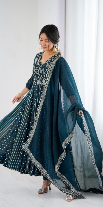 SRK 5293 Peacock Blue With Crunchy Silk With Fully Flair with Lace Work & Embroidery Work Anarkali Gown . Introductory Price ₹2149. Delivery 4-6 Worki | Gowns, Bollywood Gowns, Creative Gowns, Designer Gowns, Embroidered Gowns, Party Wear Gowns