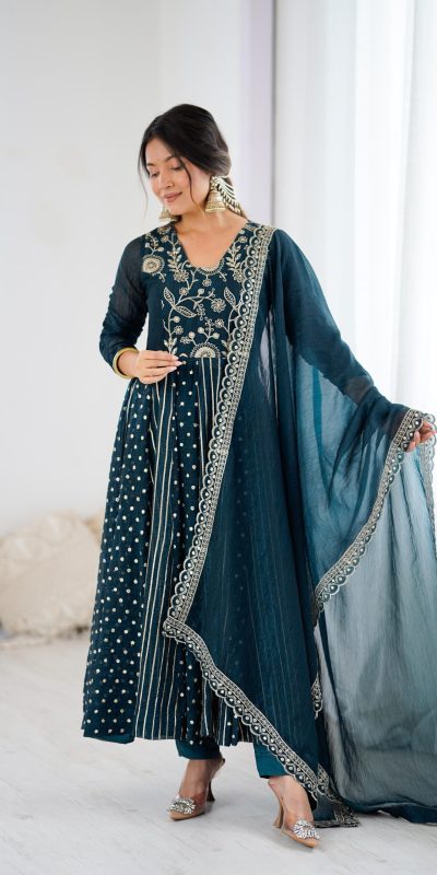 SRK 5293 Peacock Blue With Crunchy Silk With Fully Flair with Lace Work & Embroidery Work Anarkali Gown . Introductory Price ₹2149. Delivery 4-6 Worki | Gowns, Bollywood Gowns, Creative Gowns, Designer Gowns, Embroidered Gowns, Party Wear Gowns