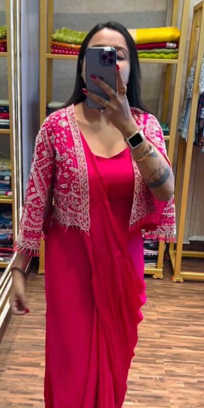 ST 1086 Pink Color Chinnon With Fully Embroidery Koti Ready To Wear Saree Wedding Party, Festive, Events Etc.4-6 Working Days@2049/- only | Gowns, Bollywood Gowns, Creative Gowns, Designer Gowns, Embroidered Gowns, Party Wear Gowns, Straight Suits