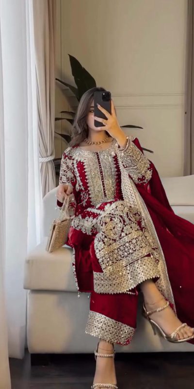 SR 1654 Maroon in Faux Georgette With Heavy Embroidery Sequence Work Wedding, Party, Festive, Events Special 4-6 Working Days At 2599/- Only | Jump Suits, Salwar suit, Casual Suits, Creative suits, Designer Suits, Palazzo Suits, Party Wear Suits, Patiala Suits, Straight Suits