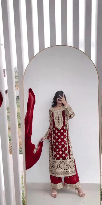 SR 1654 Maroon in Faux Georgette With Heavy Embroidery Sequence Work Wedding, Party, Festive, Events Special 4-6 Working Days At 2599/- Only | Jump Suits, Salwar suit, Casual Suits, Creative suits, Designer Suits, Palazzo Suits, Party Wear Suits, Patiala Suits, Straight Suits