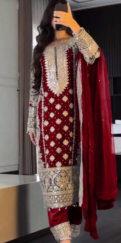 SR 1654 Maroon in Faux Georgette With Heavy Embroidery Sequence Work Wedding, Party, Festive, Events Special 4-6 Working Days At 2599/- Only | Jump Suits, Salwar suit, Casual Suits, Creative suits, Designer Suits, Palazzo Suits, Party Wear Suits, Patiala Suits, Straight Suits