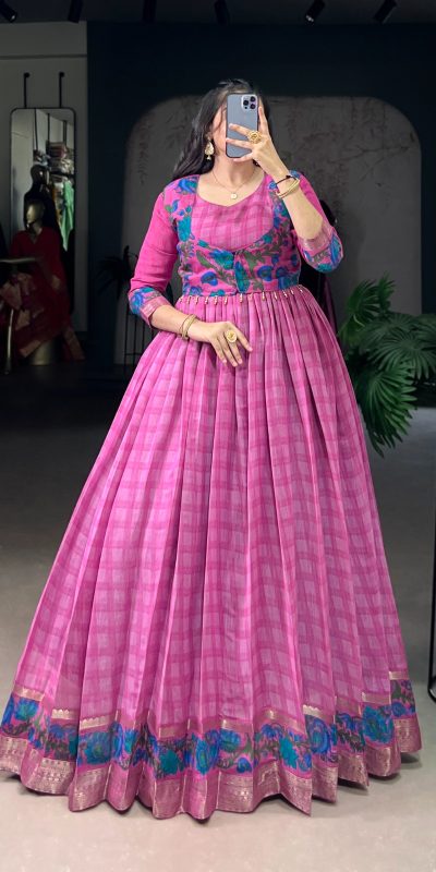 YNF 5034 Pink Polyester Viscose Chanderi Zari Work & Lace Work Gown in . Affordable Price βΉ1799. Delivery 4-6 Working Days. Shop now. | Gowns, Bollywood Gowns, Creative Gowns, Designer Gowns, Embroidered Gowns, Party Wear Gowns