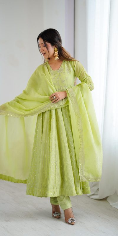 SRK 5293 Pista With Crunchy Silk With Fully Flair with Lace Work & Embroidery Work Anarkali Gown . Introductory Price ₹2149. Delivery 4-6 Worki | Gowns, Bollywood Gowns, Creative Gowns, Designer Gowns, Embroidered Gowns, Party Wear Gowns