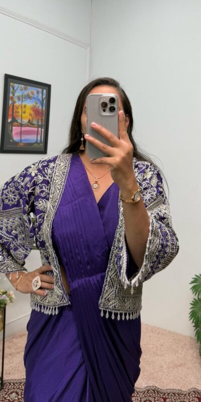 ST 1086 Purple Color Chinnon With Fully Embroidery Koti Ready To Wear Saree Wedding Party, Festive, Events Etc.4-6 Working Days@2049/- only | Gowns, Bollywood Gowns, Creative Gowns, Designer Gowns, Embroidered Gowns, Party Wear Gowns, Straight Suits