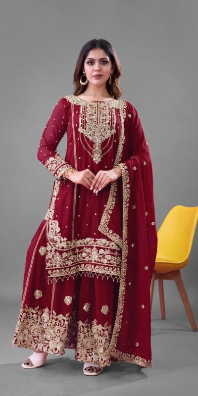 SR 1688 Red Heavy Faux Georgette With Heavy Embroidery Wedding, Party, Festive, Events, Navratri Garba, Reception, Haldi, 4-6 Working Days At 1949 Only | Jump Suits, Salwar suit, Casual Suits, Creative suits, Designer Suits, Palazzo Suits, Party Wear Suits, Patiala Suits, Straight Suits