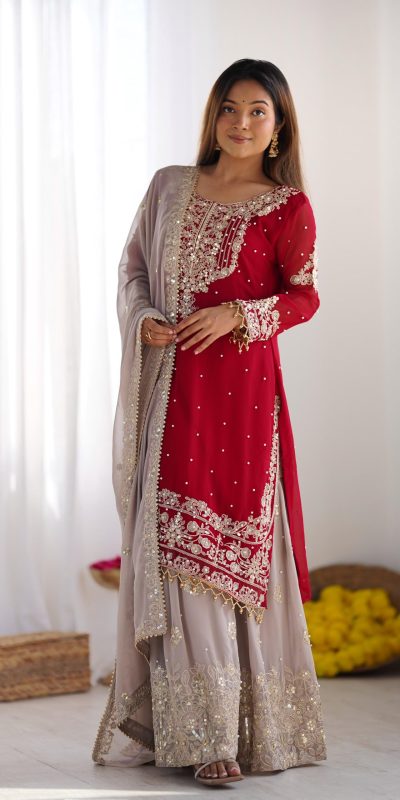 SR 1676 Red Red Heavy Faux Georgette With Heavy Embroidery Perfect for Wedding, Party, Ethnic Day, Reception, Diwali 4-6 Working Days At 2049/- Only | Jump Suits, Salwar suit, Casual Suits, Creative suits, Designer Suits, Palazzo Suits, Party Wear Suits, Patiala Suits, Straight Suits