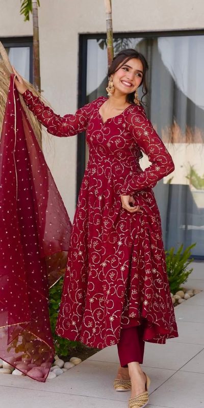 ZSR 3145 Red Faux Georgette With Embroidery Sequence Work Gown Perfect for Wedding, Party, Bridal Wear, Family Gatherings, Festival Celebrations – . Now | Gowns, Bollywood Gowns, Creative Gowns, Designer Gowns, Embroidered Gowns, Party Wear Gowns