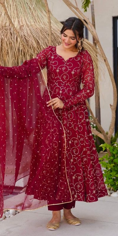 ZSR 3145 Red Faux Georgette With Embroidery Sequence Work Gown Perfect for Wedding, Party, Bridal Wear, Family Gatherings, Festival Celebrations β . Now | Gowns, Bollywood Gowns, Creative Gowns, Designer Gowns, Embroidered Gowns, Party Wear Gowns