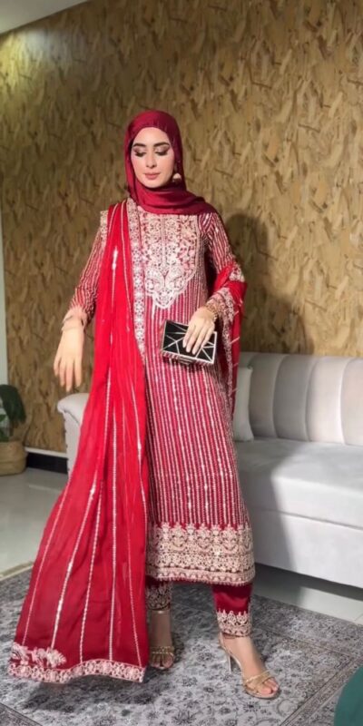 Red Faux Georgette Lace Work Salwar Suit