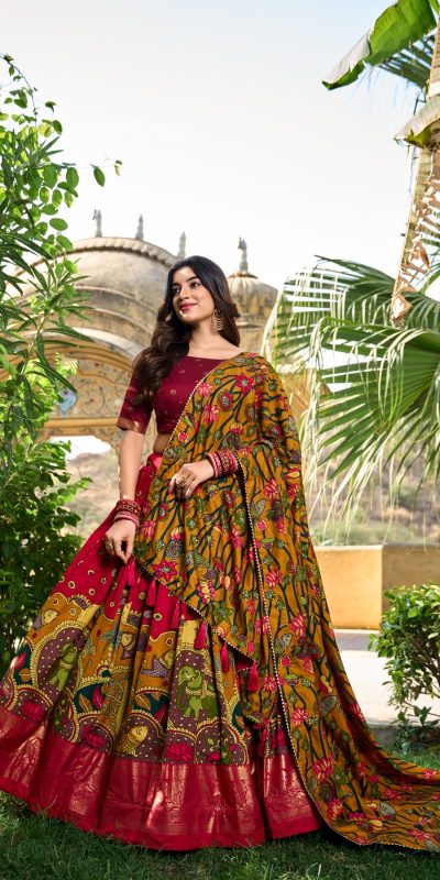 LNB 1219 Red Tasar Silk With Gotta Patti Work & Kalamkari Print Lehenga Choli . Best Price βΉ2449. Delivery 4-6 Working Days. Shop now. | Lehenga, Bollywood Lehenga, Creative Lehenga, Designer Lehenga, Embroidered Lehenga, Party Wear Lehenga