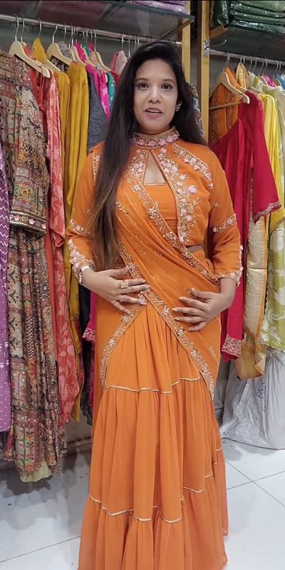 BE 280 Rust Georgette Lehenga Saree Perfect for Wedding, Party, Cultural Events, Housewarming, Ganesh Chaturthi . Affordable Price ₹2399. Delivery 4- | Lehenga, Bollywood Lehenga, Creative Lehenga, Designer Lehenga, Embroidered Lehenga, Party Wear Lehenga