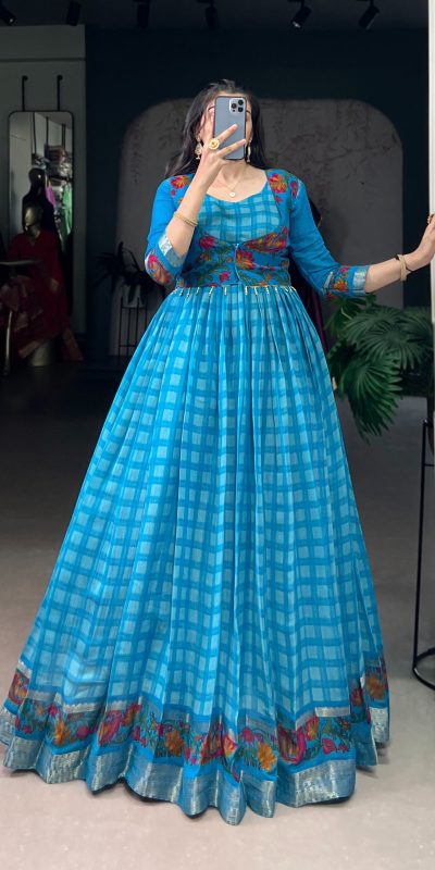 YNF 5034 Sky Blue Polyester Viscose Chanderi Zari Work & Lace Work Gown in . Affordable Price βΉ1799. Delivery 4-6 Working Days. Shop now. | Gowns, Bollywood Gowns, Creative Gowns, Designer Gowns, Embroidered Gowns, Party Wear Gowns