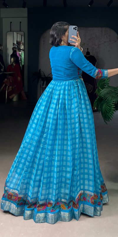 YNF 5034 Sky Blue Polyester Viscose Chanderi Zari Work & Lace Work Gown in . Affordable Price ₹1799. Delivery 4-6 Working Days. Shop now. | Gowns, Bollywood Gowns, Creative Gowns, Designer Gowns, Embroidered Gowns, Party Wear Gowns