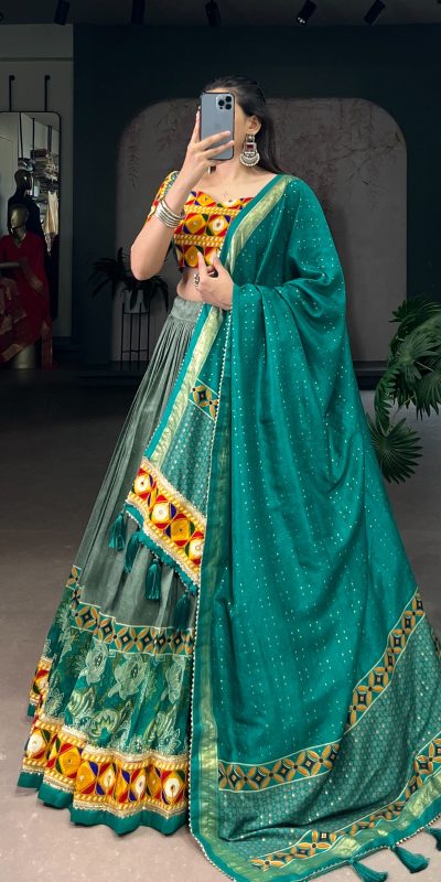 LNB 1734 Teal Tasar Silk Gamthi Work With MirrorWork Lehenga Choli Introductory Price ₹2999. Delivery 4-6 Working Days. Shop now. | Lehenga, Bollywood Lehenga, Creative Lehenga, Designer Lehenga, Embroidered Lehenga, Party Wear Lehenga