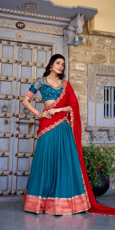 Teal Vichitra Silk Embroidery Zari Work Lehenga Choli