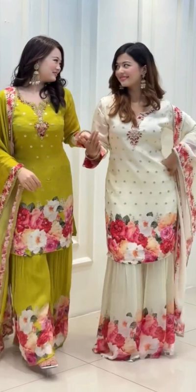 SRK 5301 White Heavy Faux Georgette With 5mm Embroidery Sequence Work With Digital print Full Sleeve Salwar Suit Wedding, Party, 4-6 Working Days At 1999 | Jump Suits, Salwar suit, Casual Suits, Creative suits, Designer Suits, Palazzo Suits, Party Wear Suits, Patiala Suits, Straight Suits