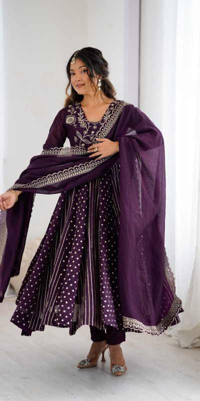 SRK 5293 Wine With Crunchy Silk With Fully Flair with Lace Work & Embroidery Work Anarkali Gown . Introductory Price βΉ2149. Delivery 4-6 Worki | Gowns, Bollywood Gowns, Creative Gowns, Designer Gowns, Embroidered Gowns, Party Wear Gowns