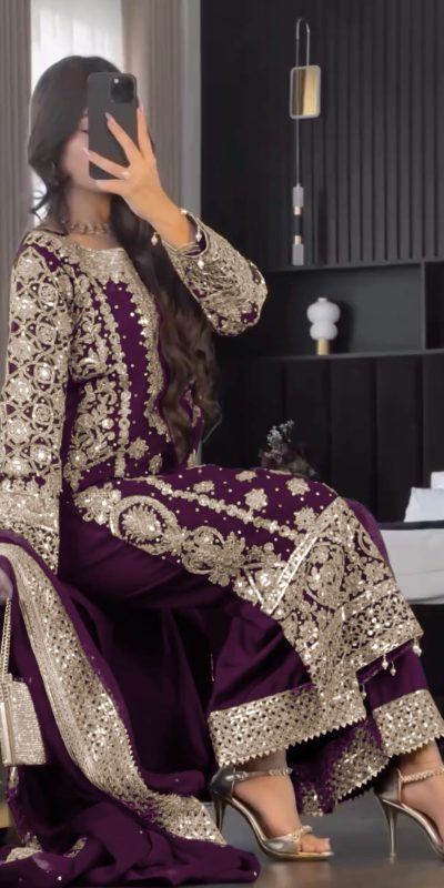 SR 1654 Maroon in Faux Georgette With Heavy Embroidery Sequence Work Wedding, Party, Festive, Events Special 4-6 Working Days At 2599/- Only | Jump Suits, Salwar suit, Casual Suits, Creative suits, Designer Suits, Palazzo Suits, Party Wear Suits, Patiala Suits, Straight Suits