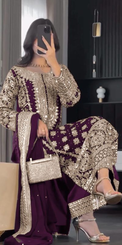 SR 1654 Maroon in Faux Georgette With Heavy Embroidery Sequence Work Wedding, Party, Festive, Events Special 4-6 Working Days At 2599/- Only | Jump Suits, Salwar suit, Casual Suits, Creative suits, Designer Suits, Palazzo Suits, Party Wear Suits, Patiala Suits, Straight Suits