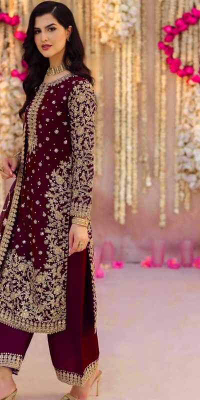 SRK 5238 Wine Faux Georgette With 5mm Embroidery Sequence Work with Beads Work Wedding, Party, Festive, Events, 4-6 Working Days At 2399 | Jump Suits, Salwar suit, Casual Suits, Creative suits, Designer Suits, Palazzo Suits, Party Wear Suits, Patiala Suits, Straight Suits