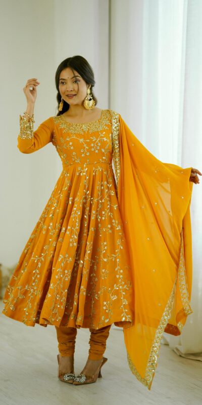 SRK 5299 Yellow Faux Georgette With Sequence Work Perfect for Wedding, Party, Temple Visit, Ganesh Chaturthi Festive, Events, 4-6 Working Days At 2149 | Gowns, Bollywood Gowns, Creative Gowns, Designer Gowns, Embroidered Gowns, Party Wear Gowns