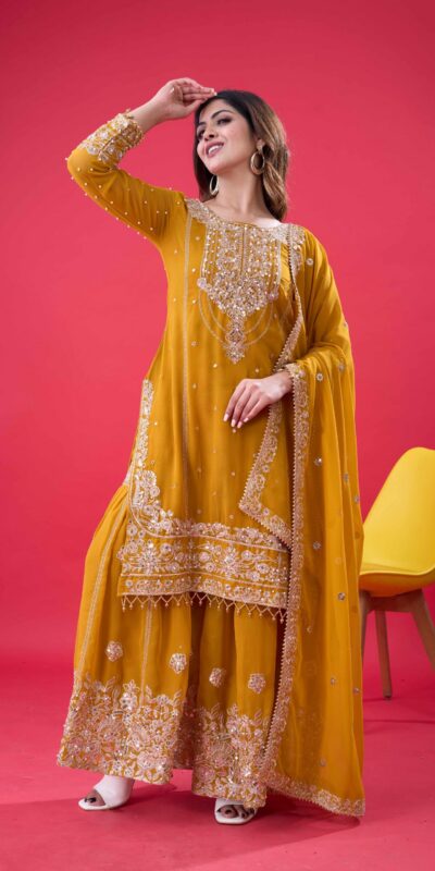 SR 1688 Yellow Faux Georgette with Lace Work & Embroidery Work. Salwar Suit Introductory Price ₹1949. Delivery 4-6 Working Days. Shop now. | Jump Suits, Salwar suit, Casual Suits, Creative suits, Designer Suits, Palazzo Suits, Party Wear Suits, Patiala Suits, Straight Suits