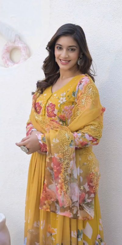 ZSR 3144 Yellow Fix Georgette With Sequence Work Digital Print Fully Flair Gown Perfect for Wedding, Party, Bridal Wear, Family Gatherings, Festival At 2049 | Gowns, Bollywood Gowns, Creative Gowns, Designer Gowns, Embroidered Gowns, Party Wear Gowns