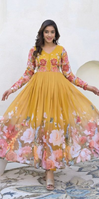 ZSR 3144 Yellow Fix Georgette With Sequence Work Digital Print Fully Flair Gown Perfect for Wedding, Party, Bridal Wear, Family Gatherings, Festival At 2049 | Gowns, Bollywood Gowns, Creative Gowns, Designer Gowns, Embroidered Gowns, Party Wear Gowns