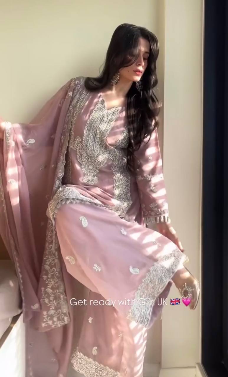 Baby Pink Fox Georgette Moti Work Salwar Suit - Image 3