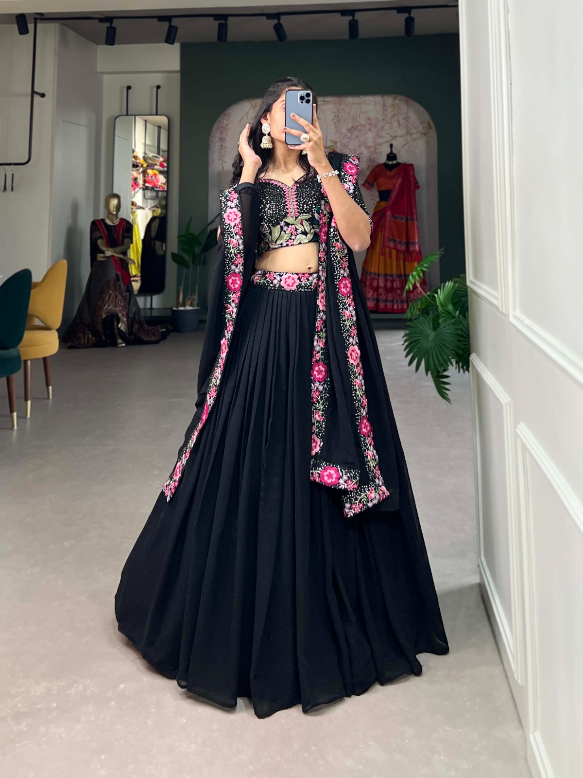 Black Georgette Plain Embroidery Lehenga Choli - Image 2