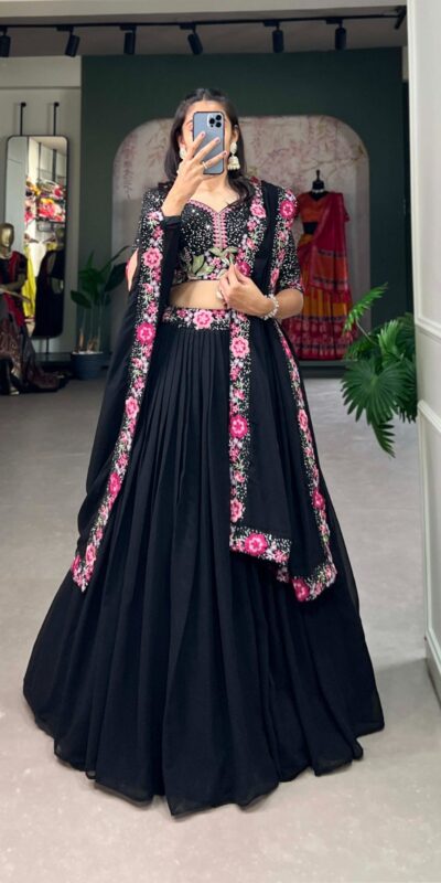 Black Georgette Plain Embroidery Lehenga Choli