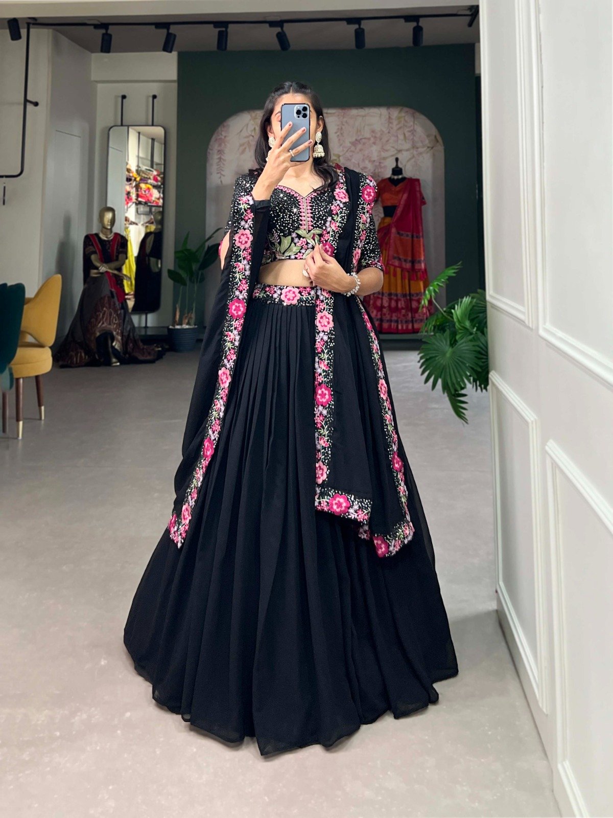 Black Georgette Plain Embroidery Lehenga Choli