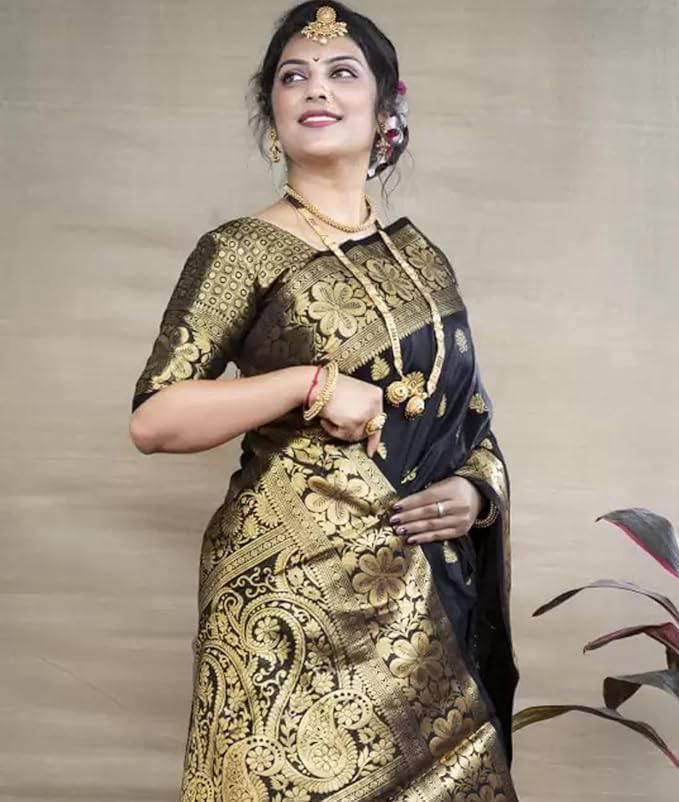 Black Lichi Silk Border Work Saree - Image 2
